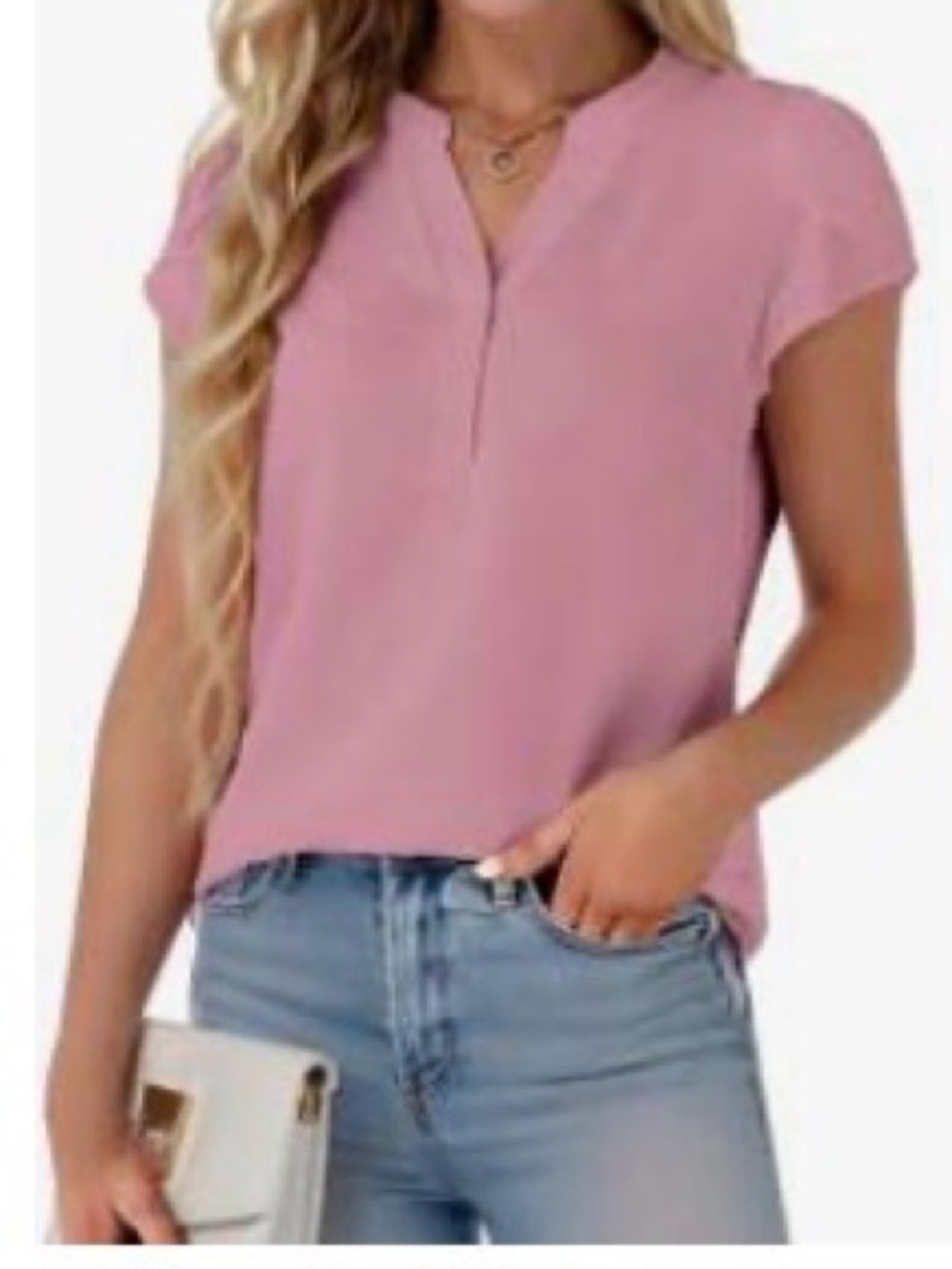Women's Short Sleeve Notch Neck Blouse — Pink